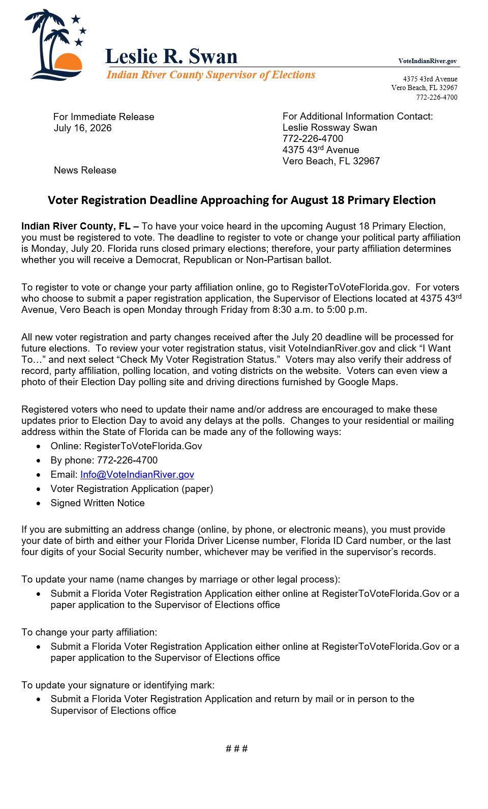 Image of press July 16, 2026 press release regarding approaching voter registration deadline for August 18 Primary Election